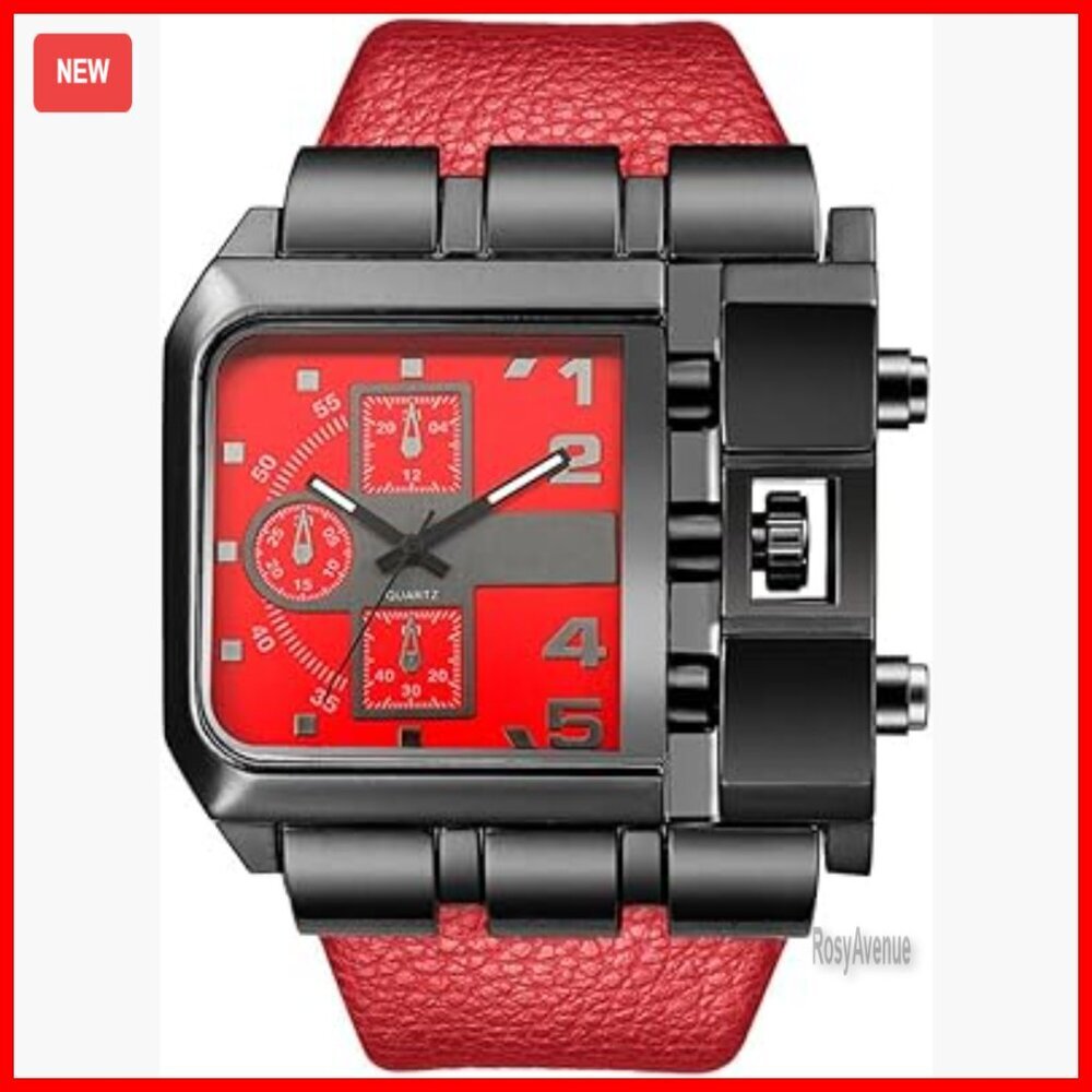 Large Face Square Watch Stainless Steel Case Leather Strap Quartz Movement